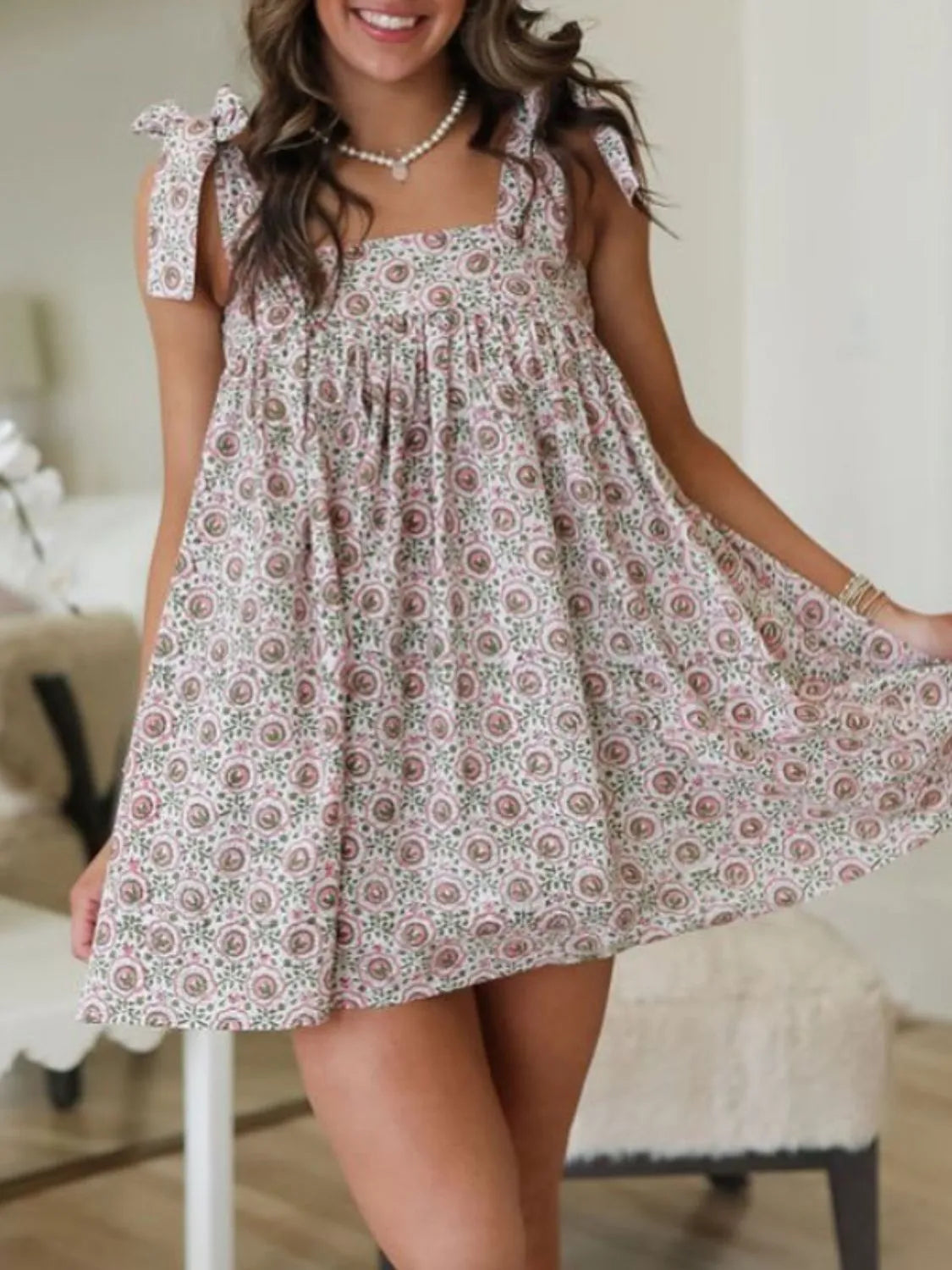 Printed Square Neck Tie Shoulder Mini Dress.