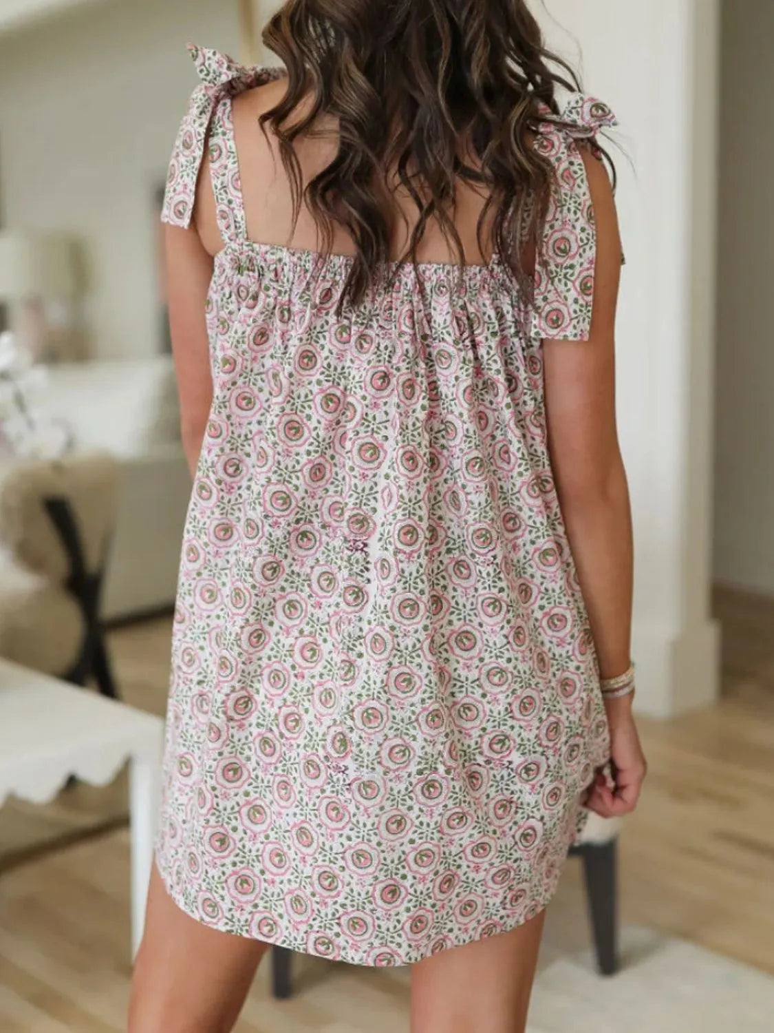 Printed Square Neck Tie Shoulder Mini Dress.
