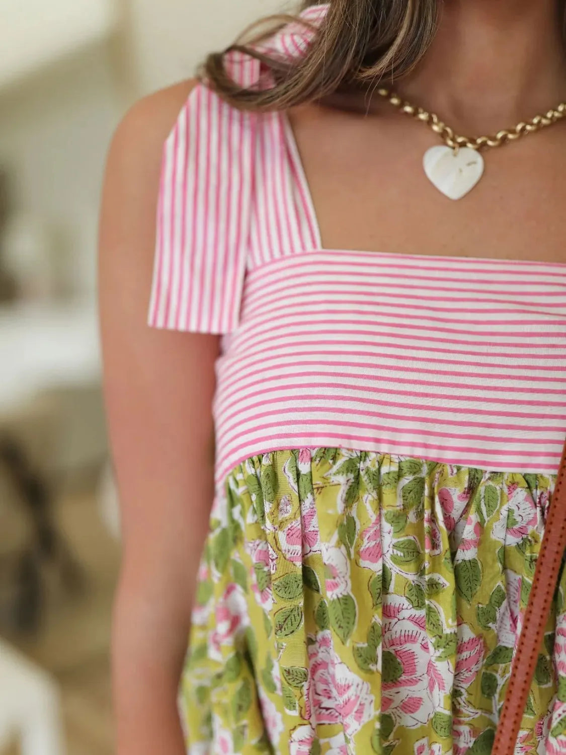 Printed Square Neck Tie Shoulder Mini Dress.