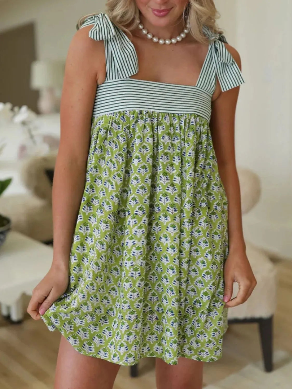 Printed Square Neck Tie Shoulder Mini Dress.