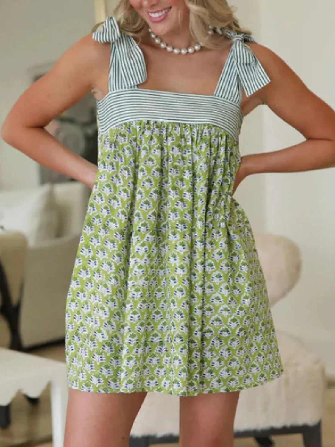 Printed Square Neck Tie Shoulder Mini Dress.