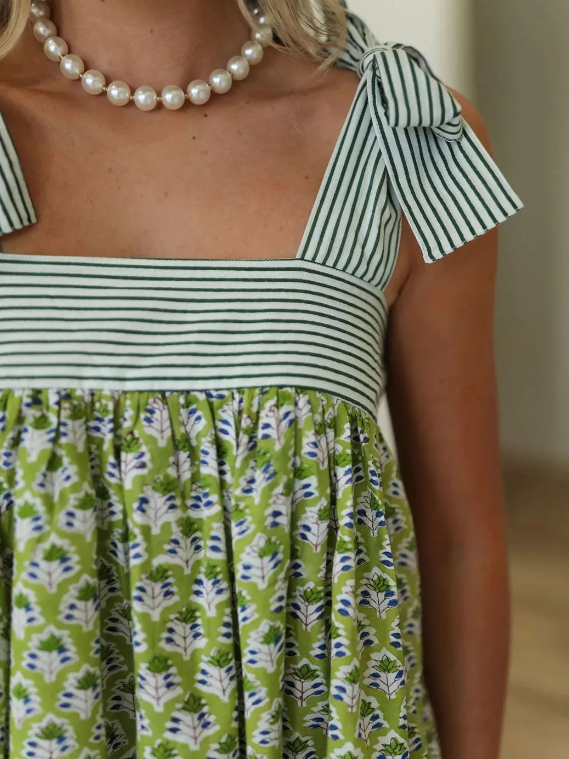 Printed Square Neck Tie Shoulder Mini Dress.