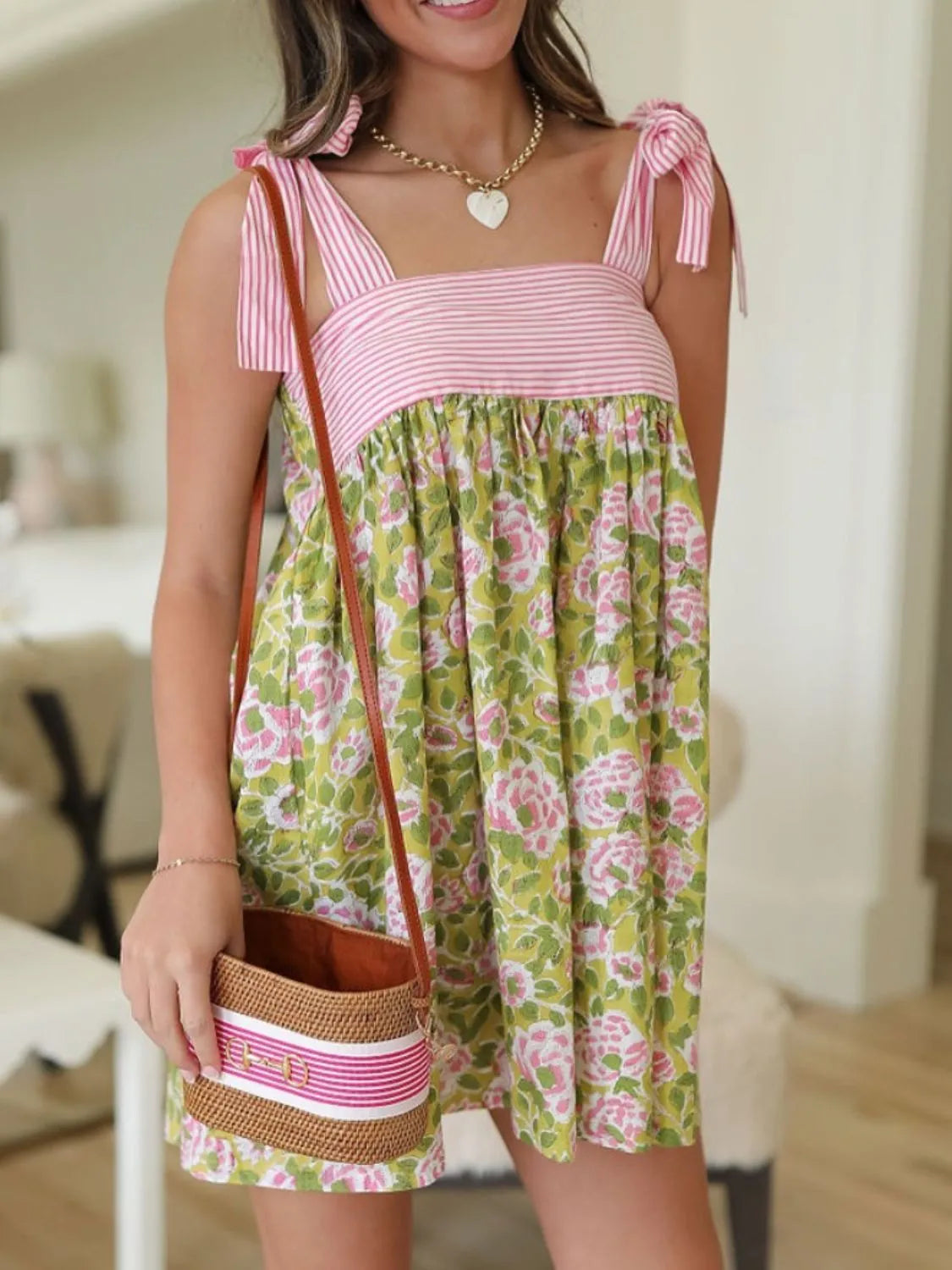 Printed Square Neck Tie Shoulder Mini Dress.