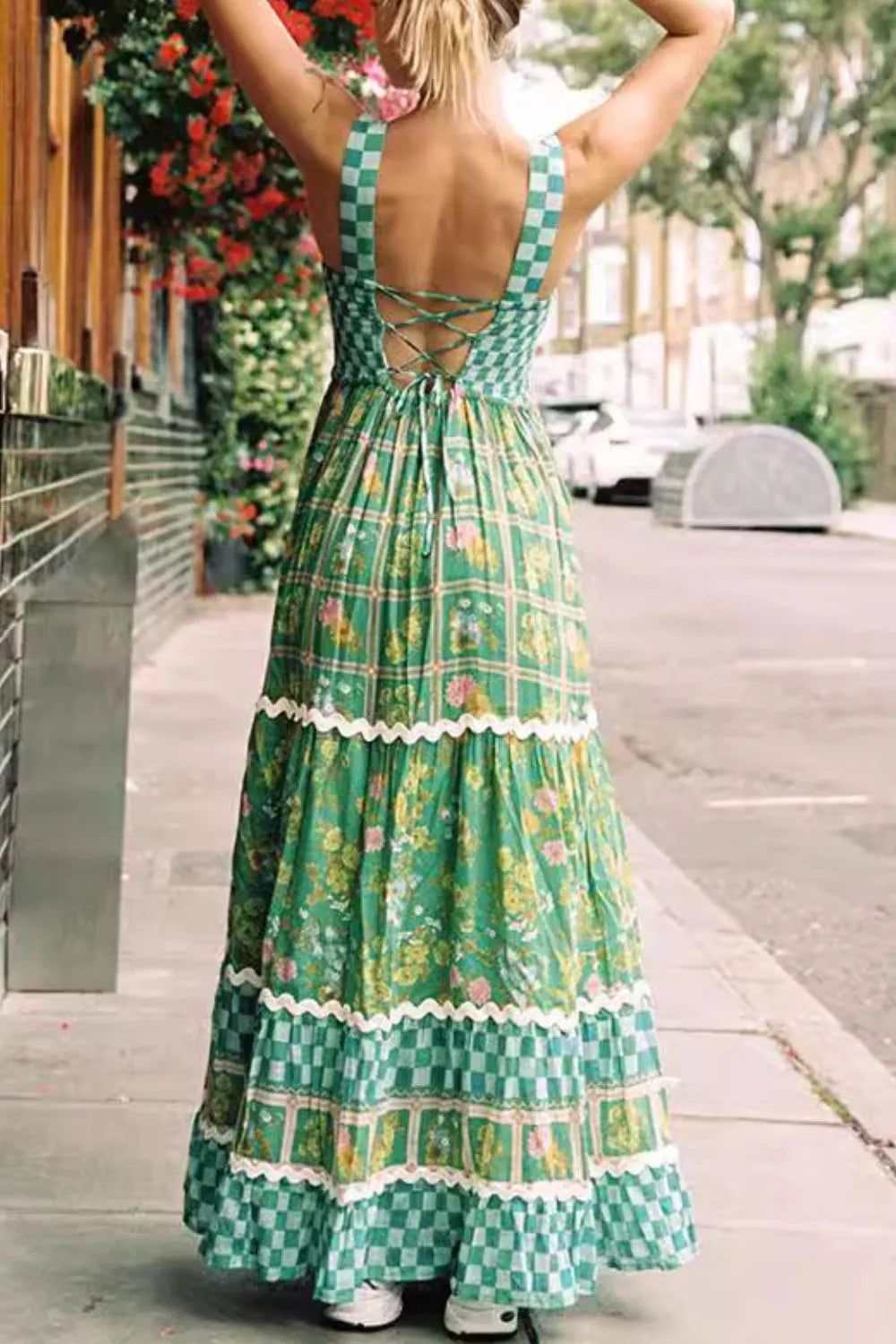 Printed Square Neck Tiered Dress.
