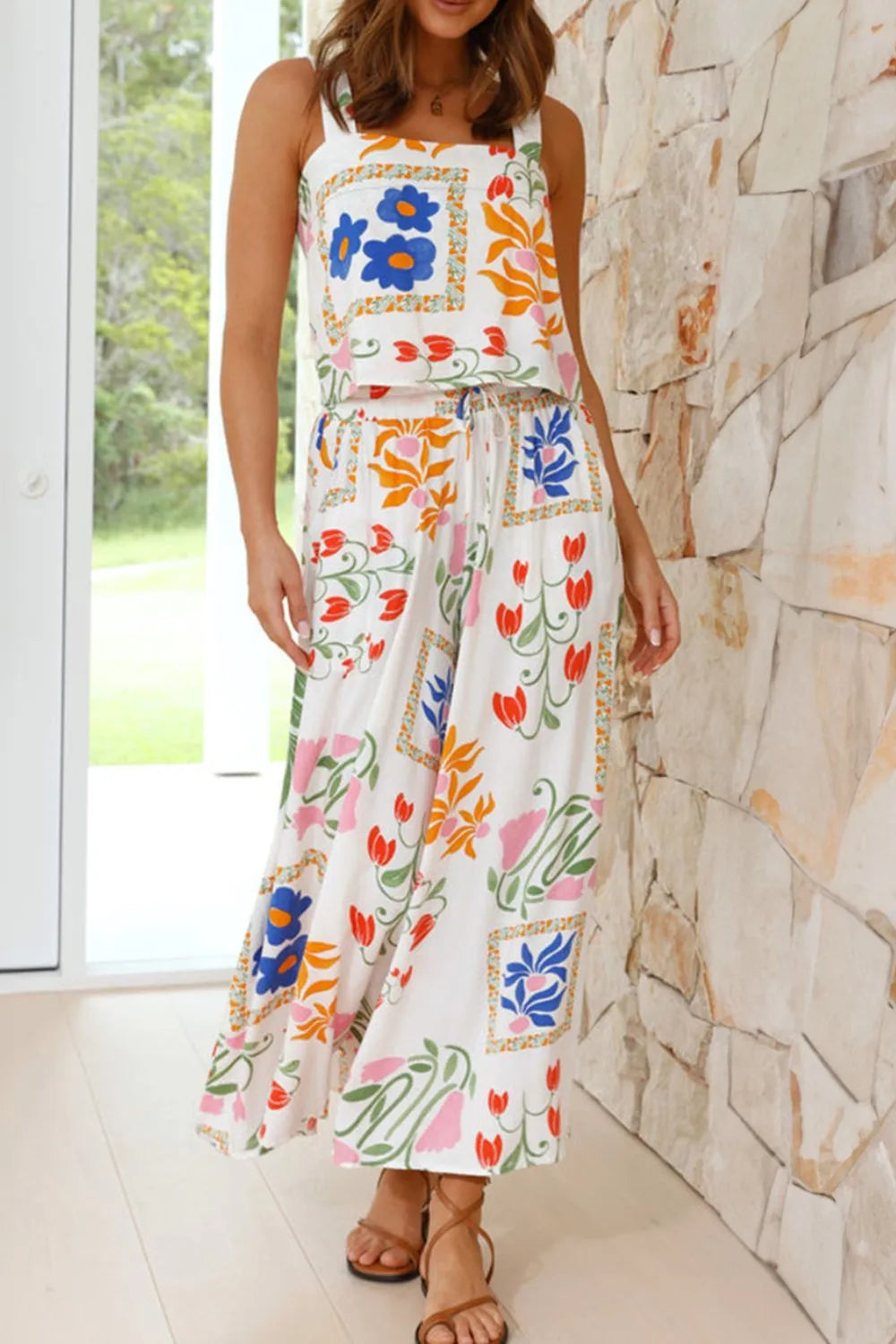 Printed Square Neck Top and Pants Set.
