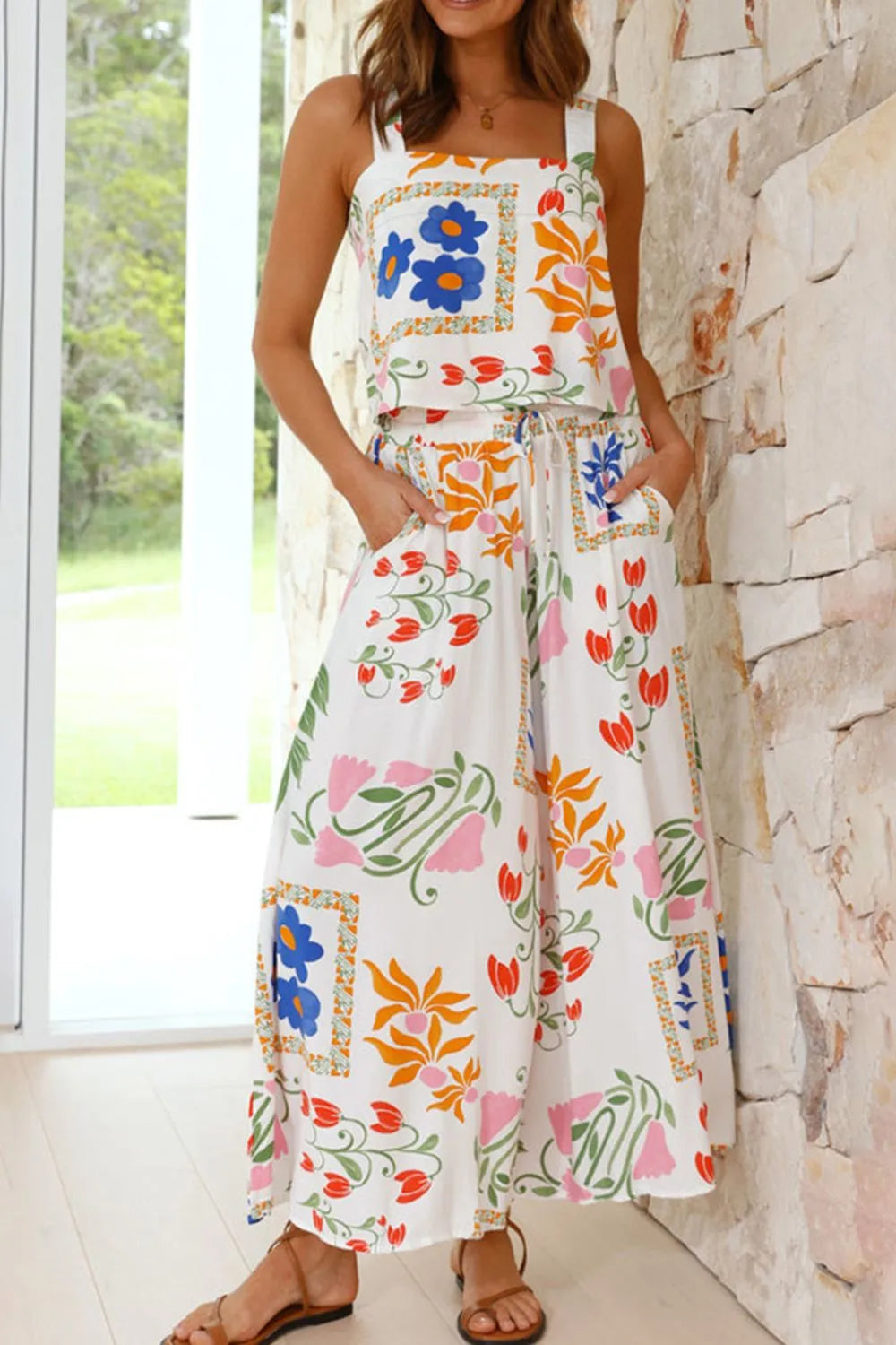 Printed Square Neck Top and Pants Set.