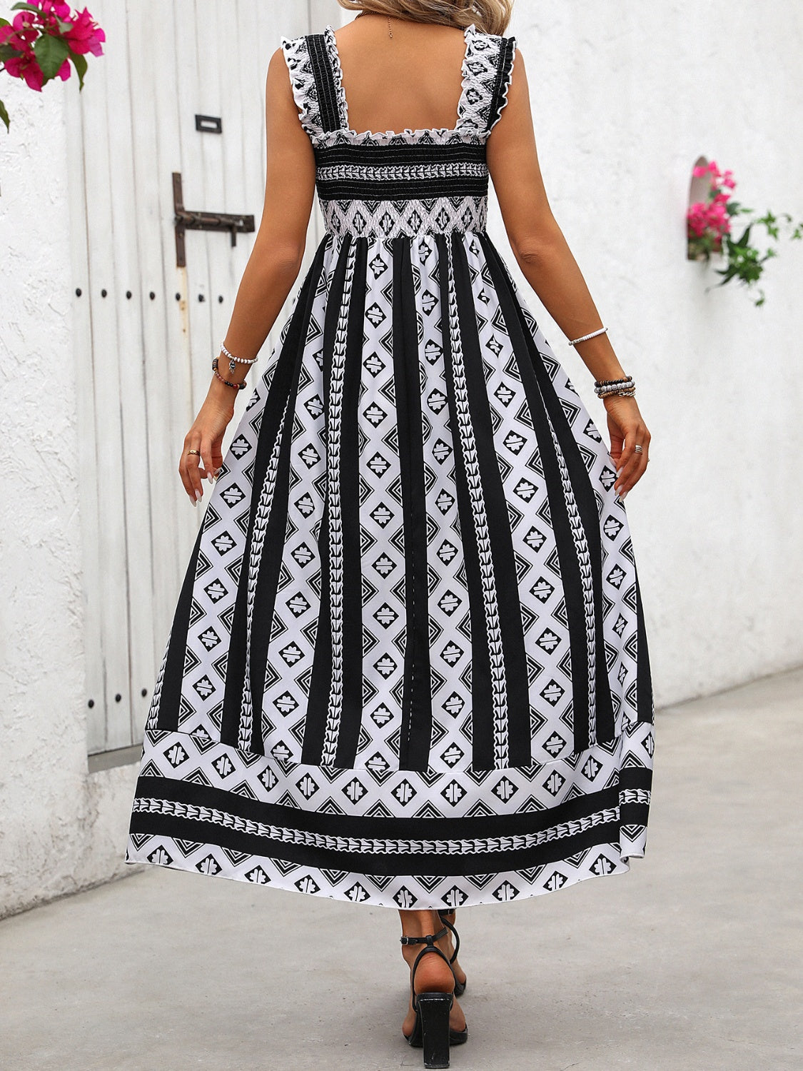 Honey Printed Square Neck Wide Strap Cami Dress.