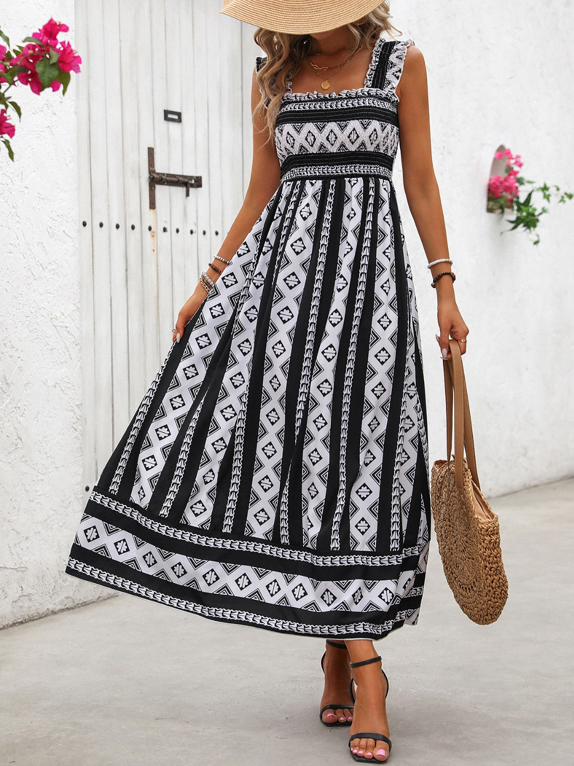 Honey Printed Square Neck Wide Strap Cami Dress.