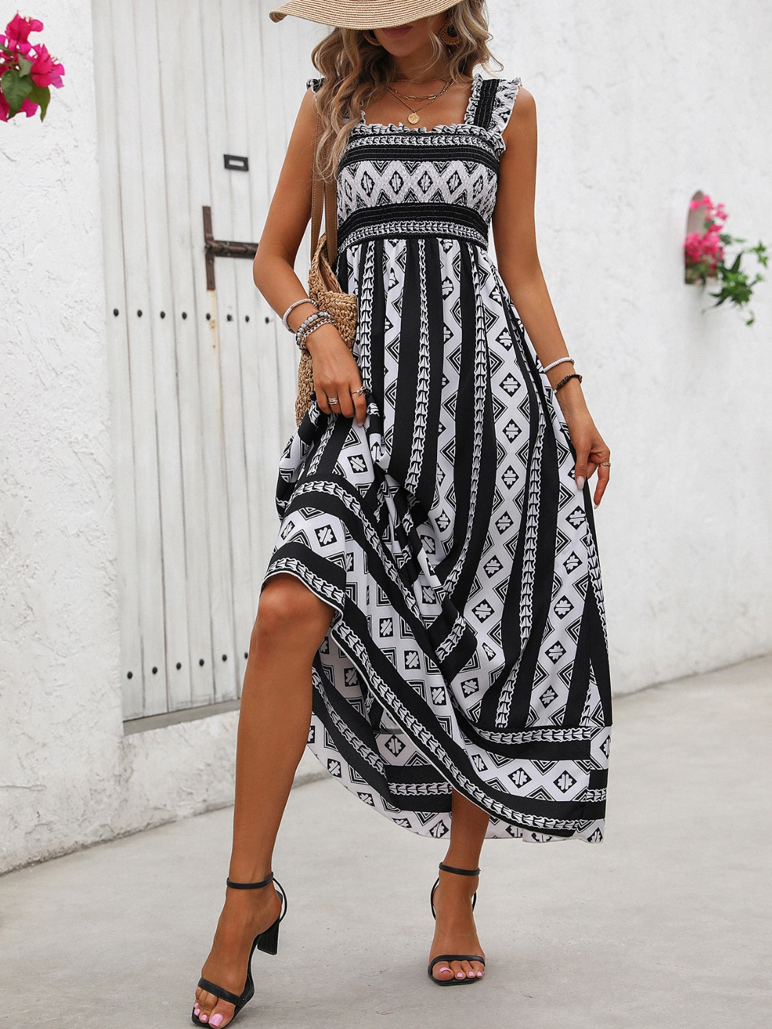 Honey Printed Square Neck Wide Strap Cami Dress.