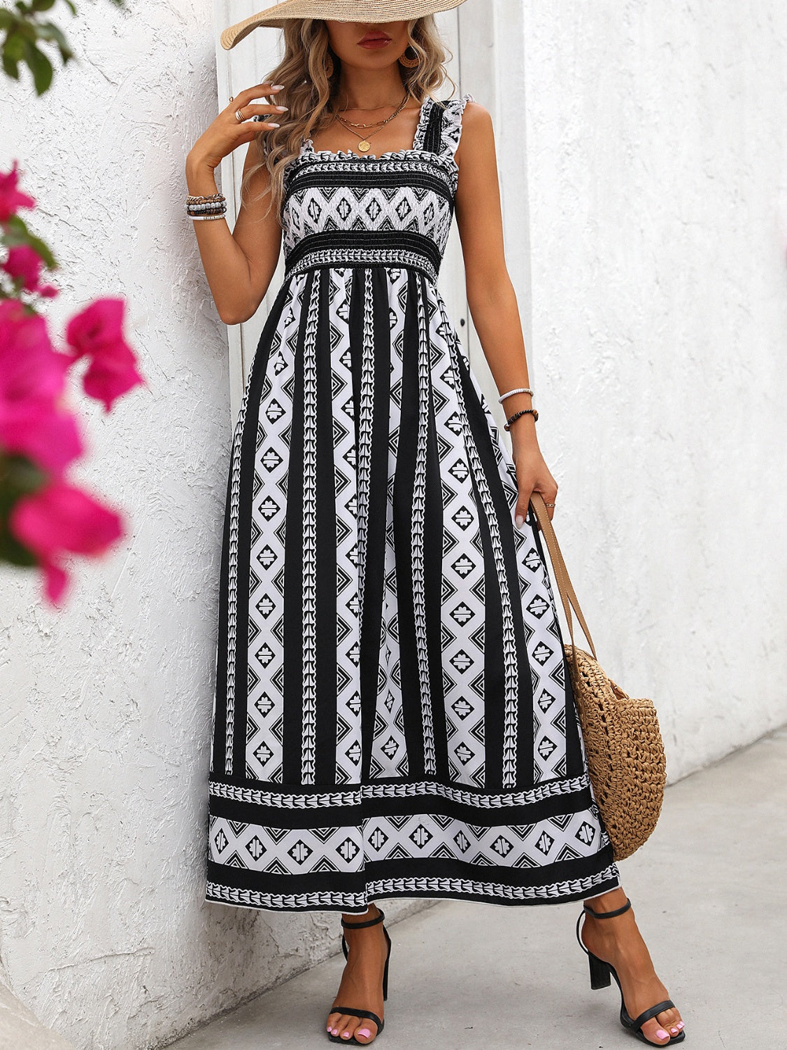 Honey Printed Square Neck Wide Strap Cami Dress.