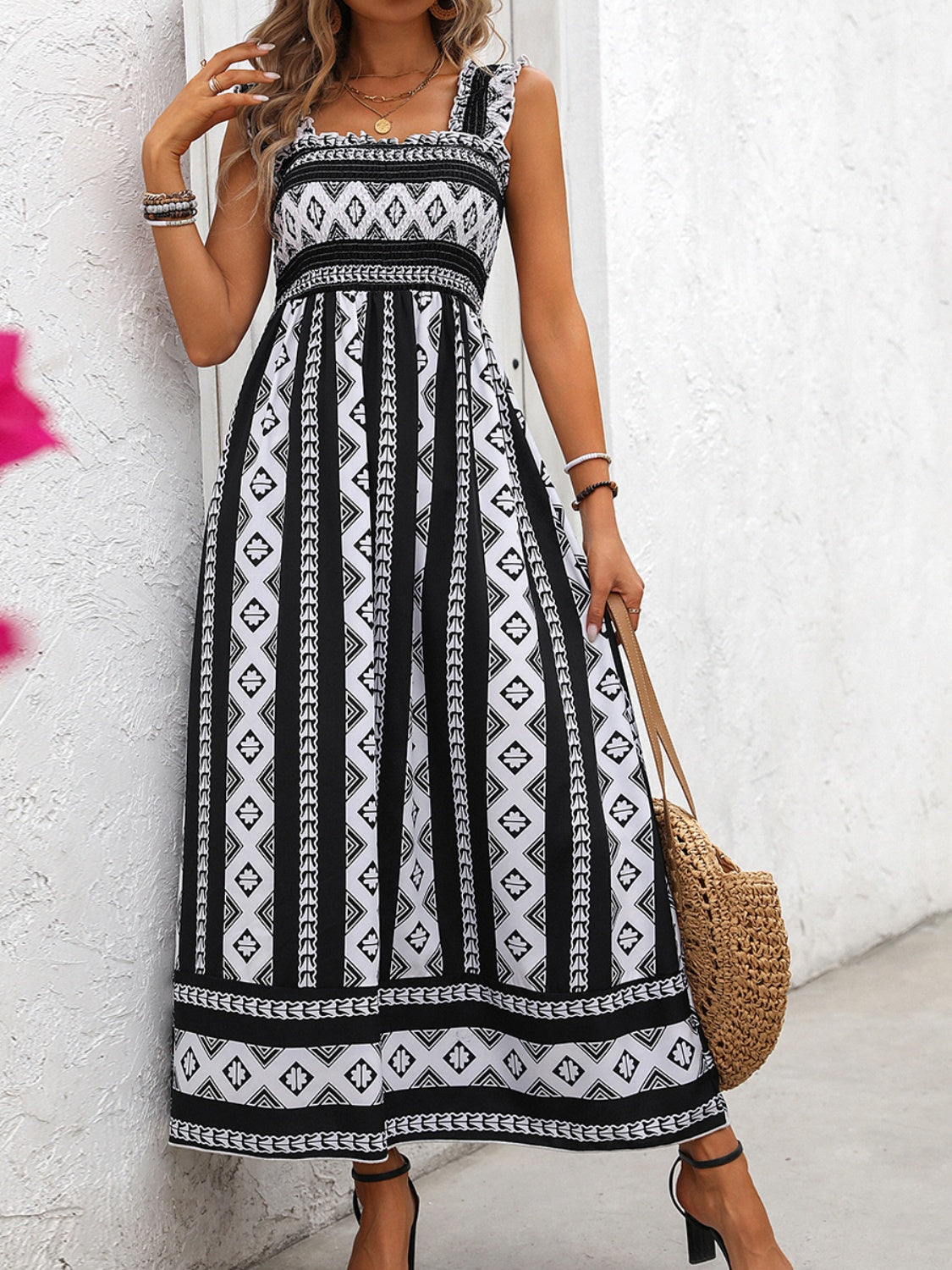 Honey Printed Square Neck Wide Strap Cami Dress.