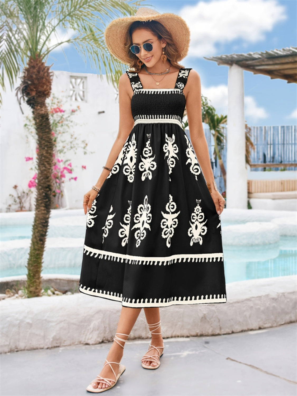 Printed Square Neck Wide Strap Midi Dress.
