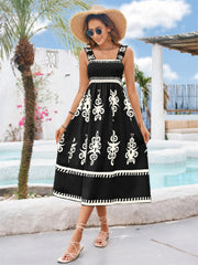 Printed Square Neck Wide Strap Midi Dress.