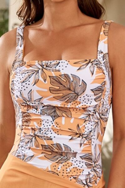 Printed Square Neck Wide Strap One-Piece Swimwear with Ruched Details.