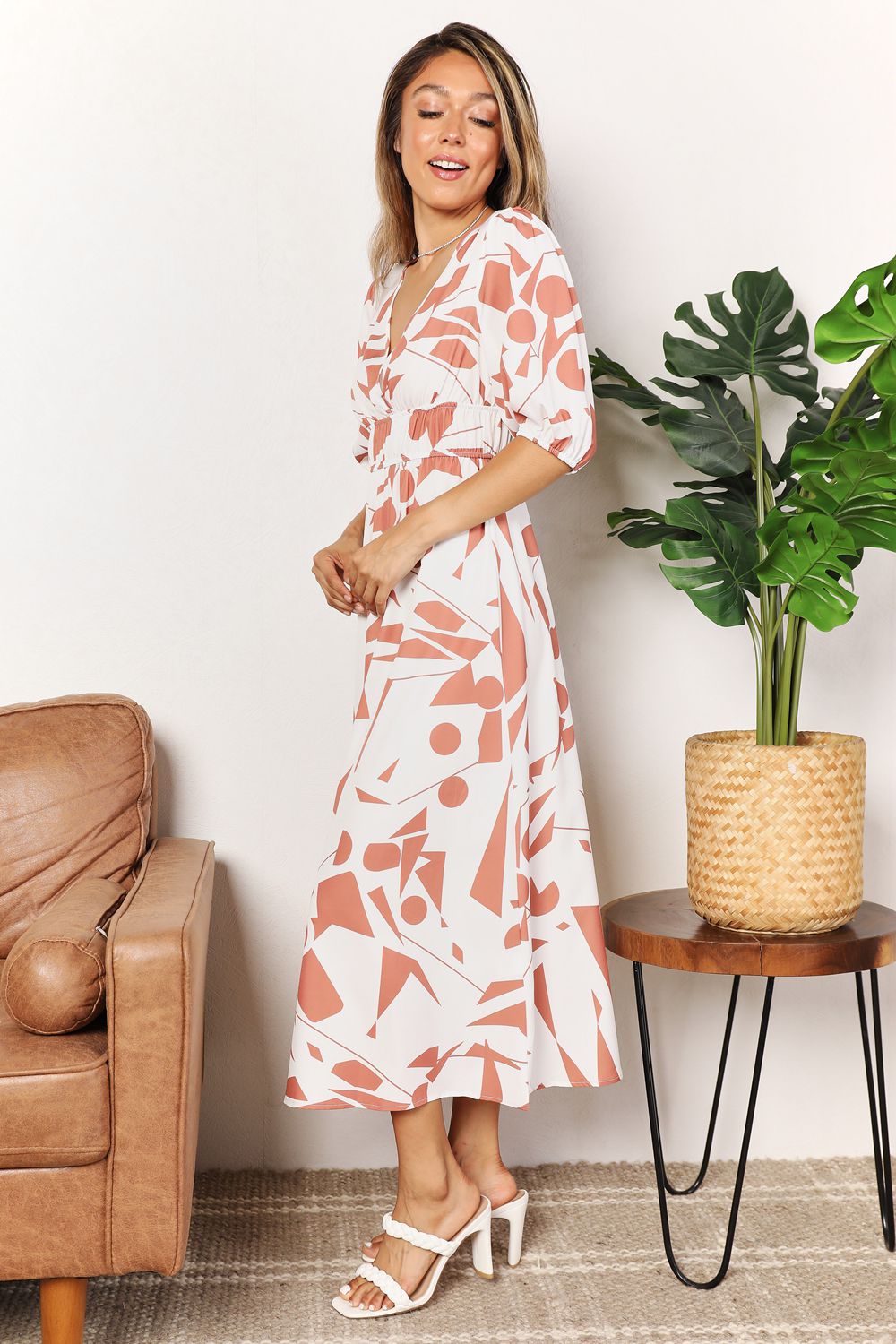 Printed Surplice Balloon Sleeve Dress.