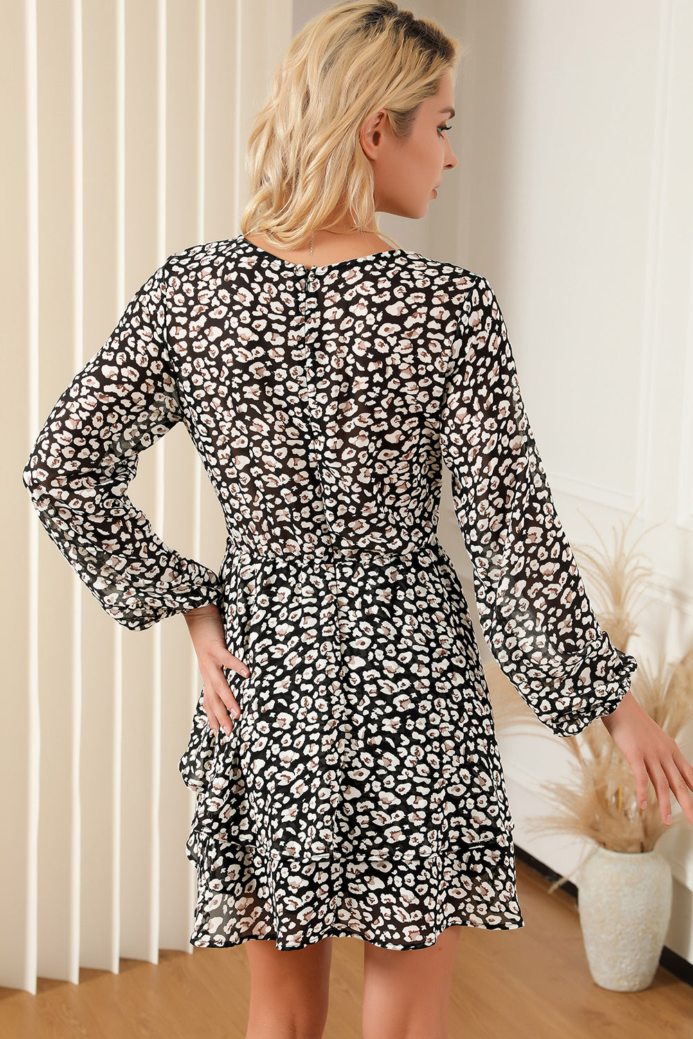 Printed Surplice Balloon Sleeve Mini Dress.