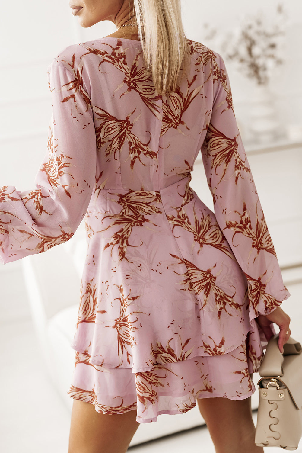 Printed Surplice Balloon Sleeve Mini Dress.