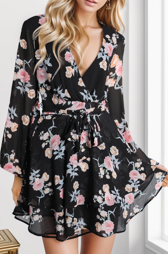 Printed Surplice Balloon Sleeve Mini Dress.