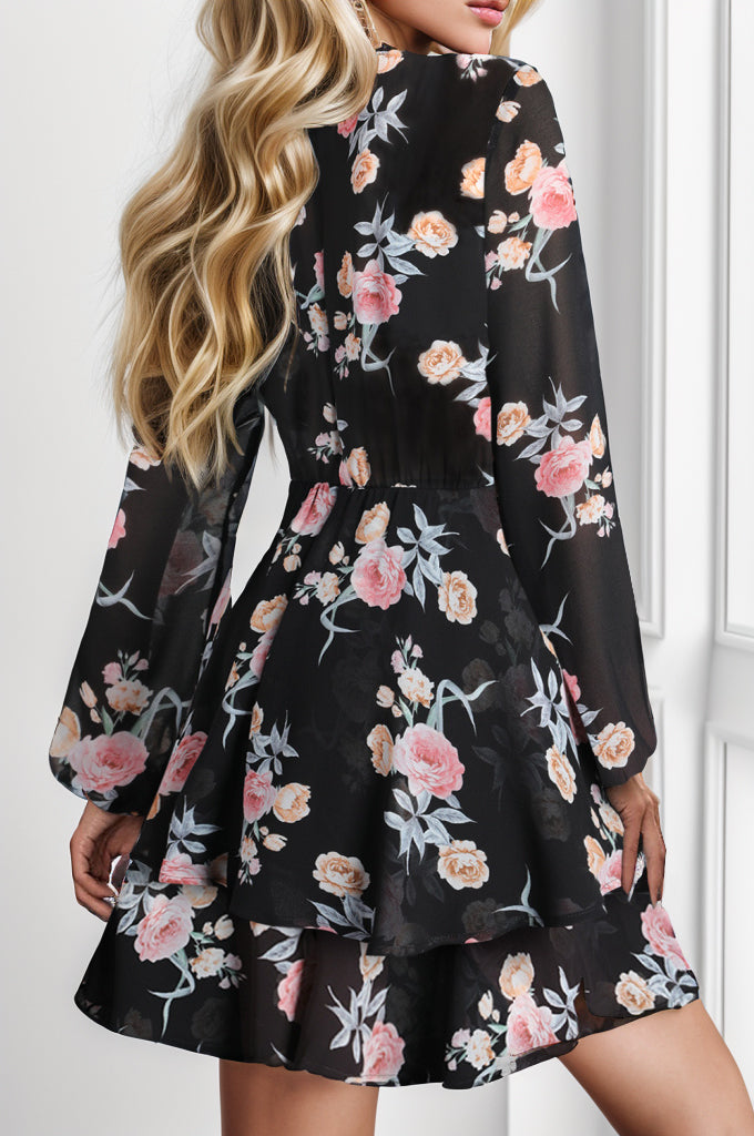 Printed Surplice Balloon Sleeve Mini Dress.