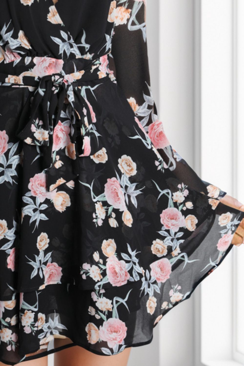 Printed Surplice Balloon Sleeve Mini Dress.