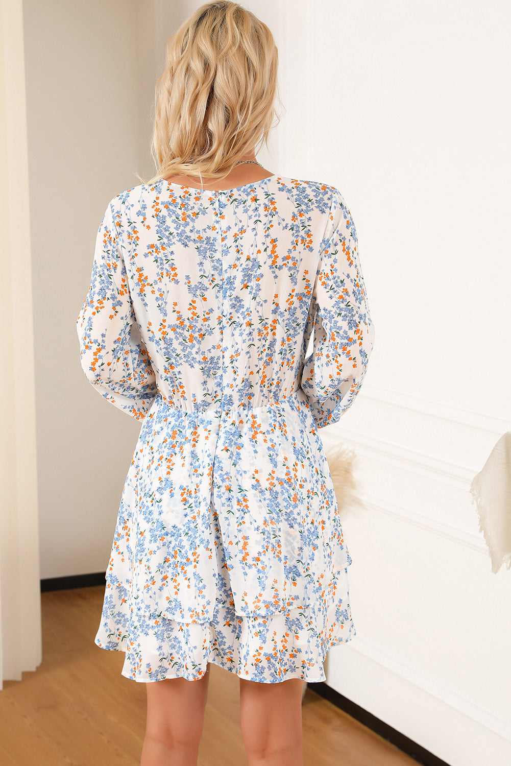 Printed Surplice Balloon Sleeve Mini Dress.