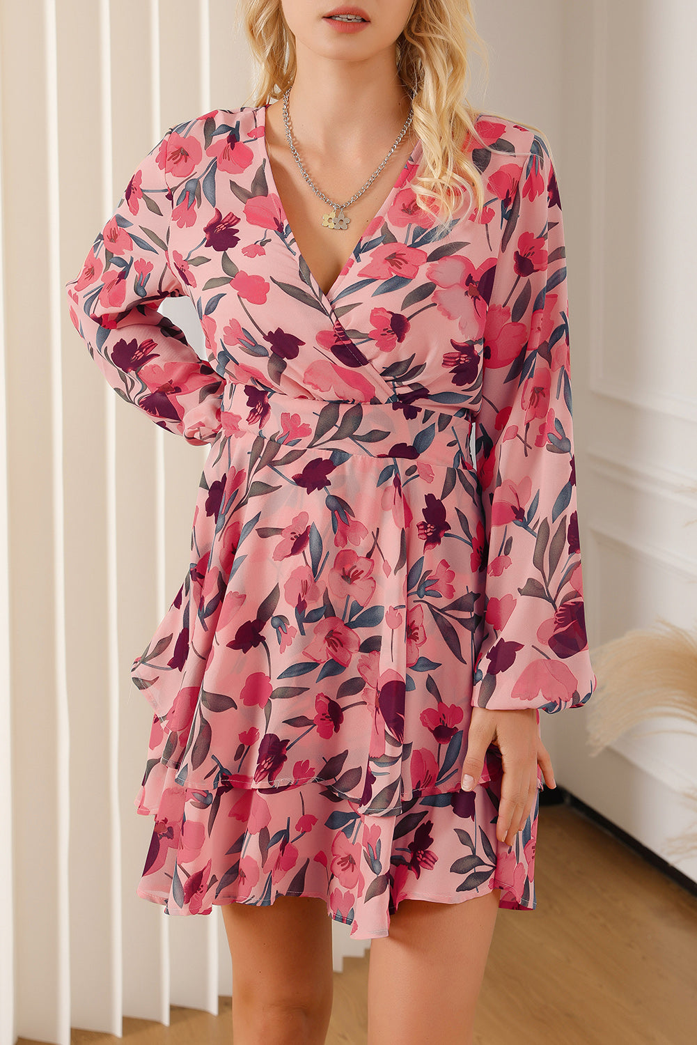 Printed Surplice Balloon Sleeve Mini Dress.
