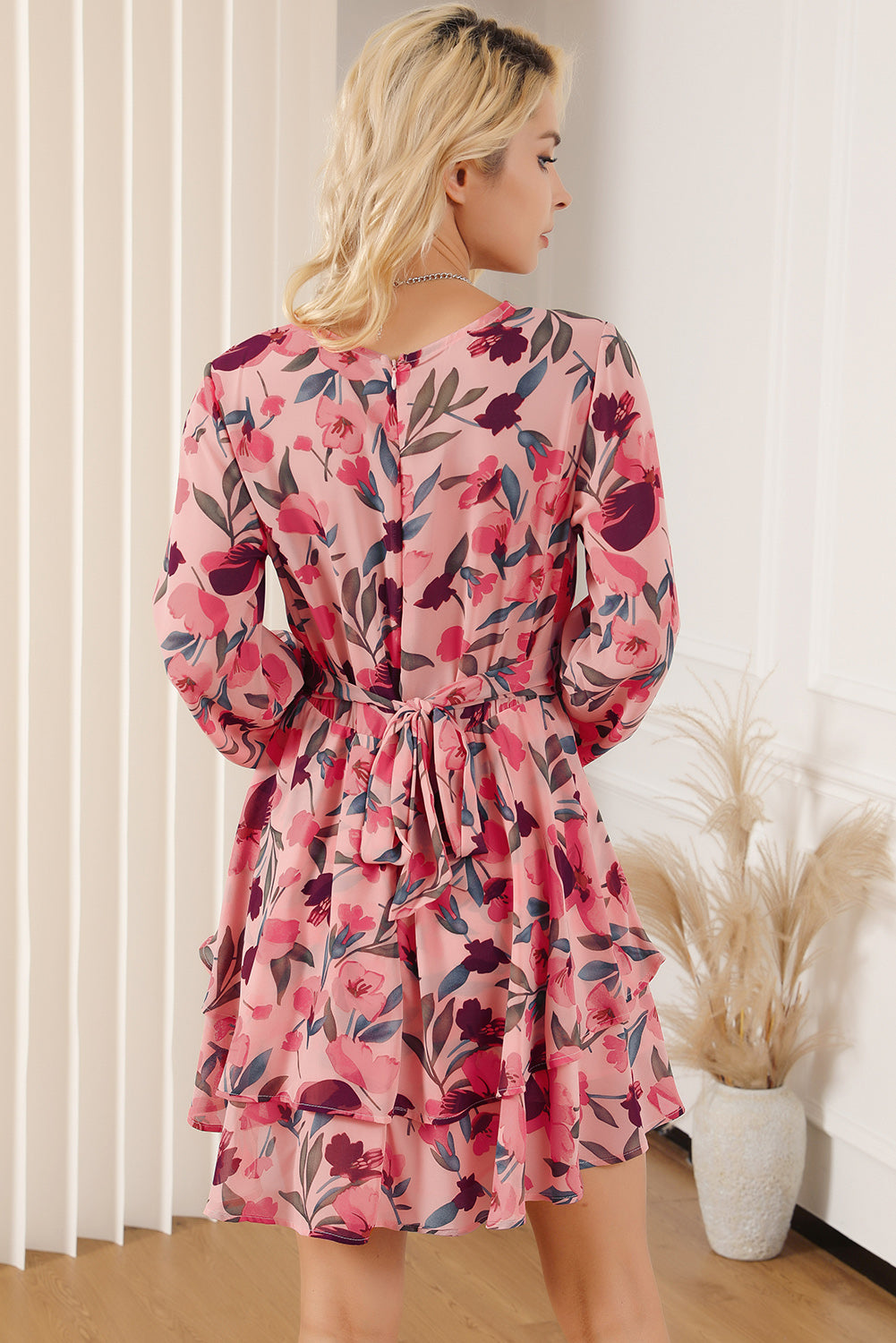 Printed Surplice Balloon Sleeve Mini Dress.