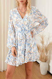 Printed Surplice Balloon Sleeve Mini Dress.