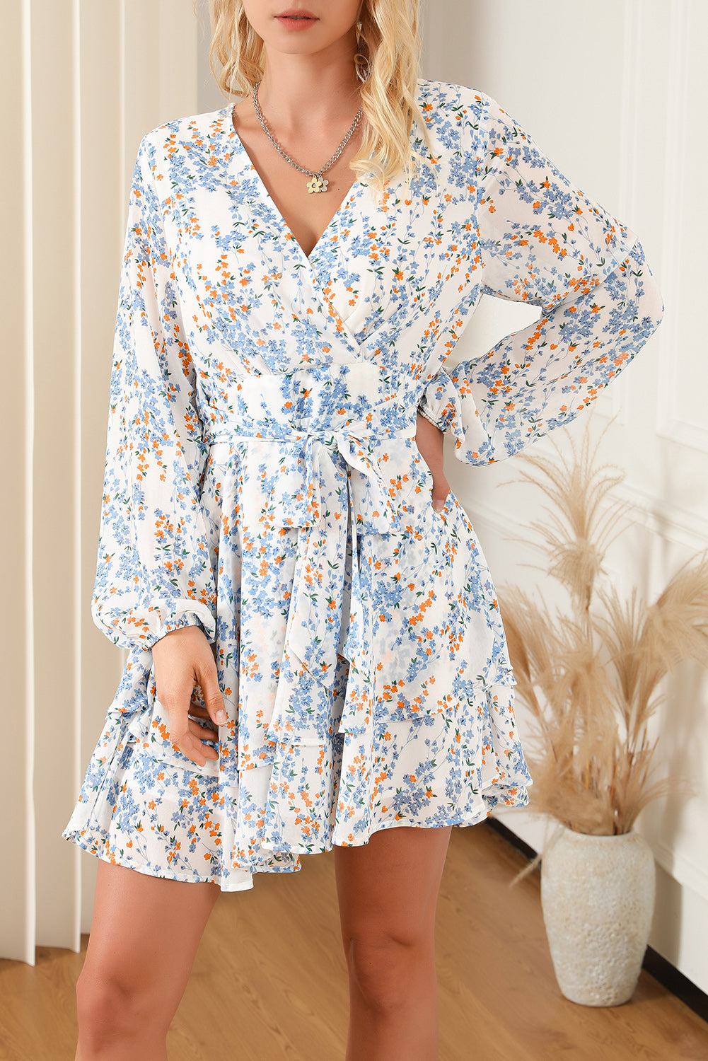 Printed Surplice Balloon Sleeve Mini Dress.
