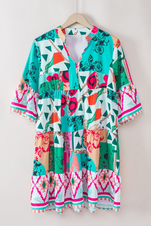 Printed Surplice Half Sleeve Mini Dress.
