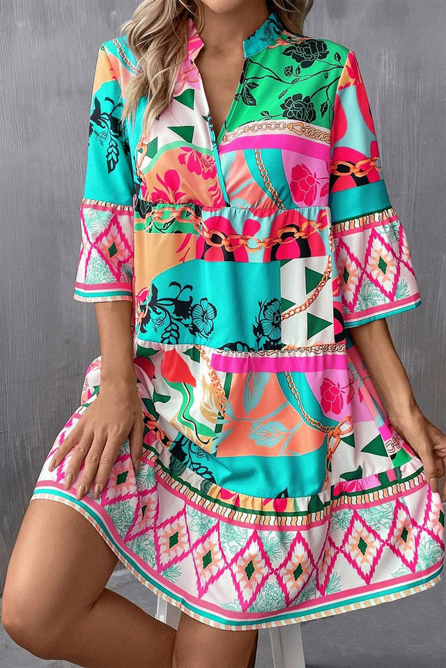 Printed Surplice Half Sleeve Mini Dress.