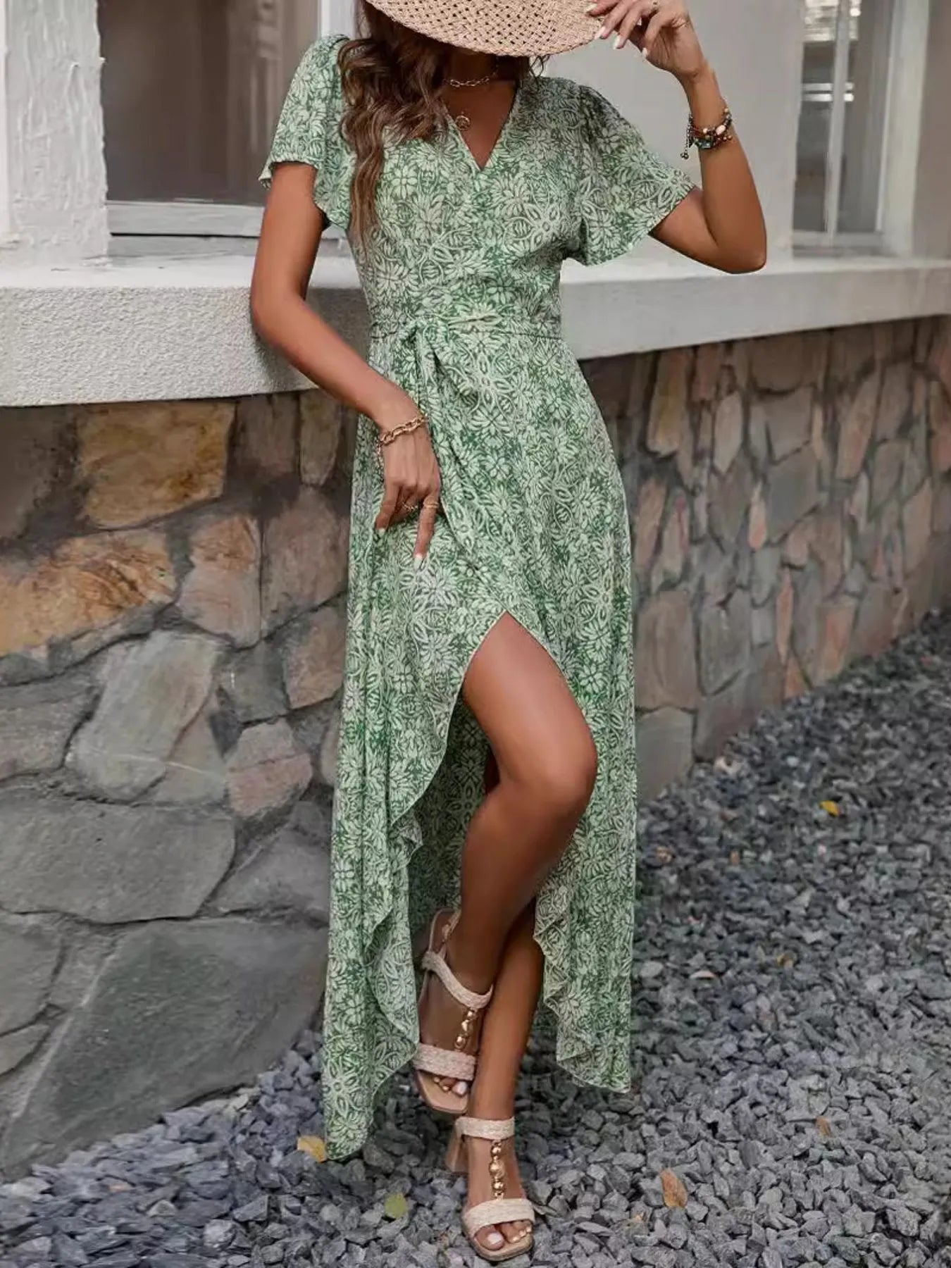 Printed Surplice Maxi Dress with Flutter Sleeves.