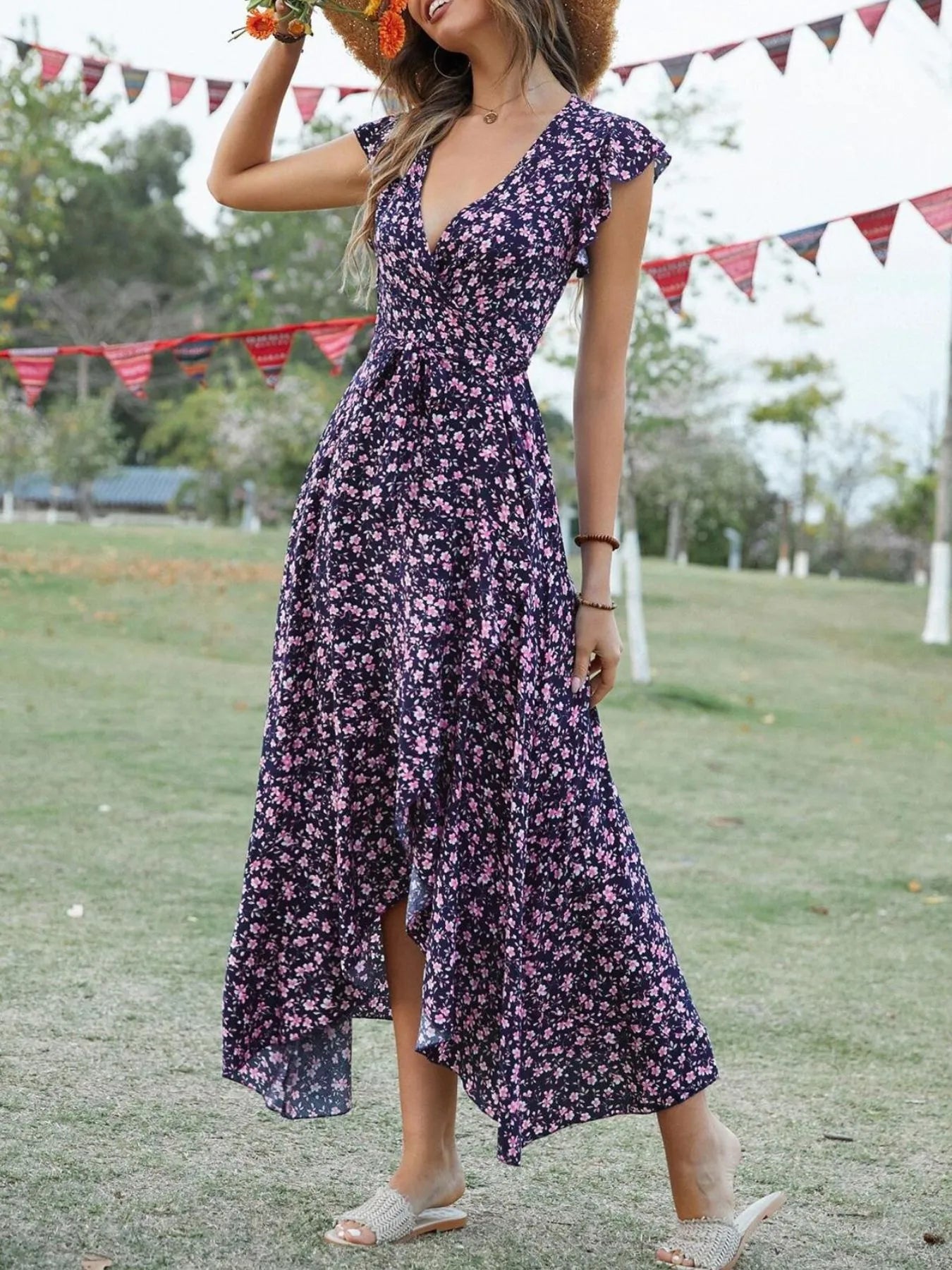 Printed Surplice Ruffle Sleeve Dress.