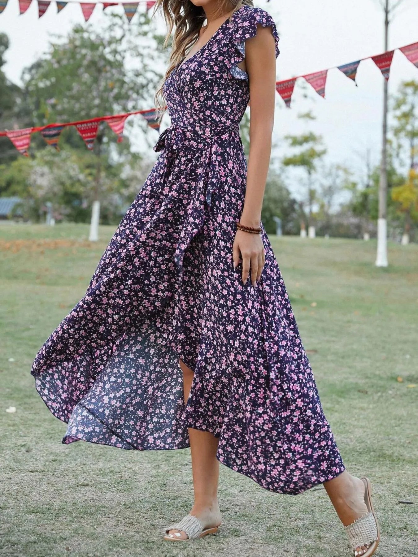 Printed Surplice Ruffle Sleeve Dress.