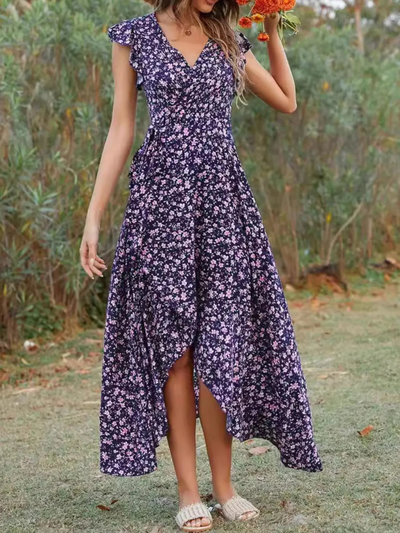 Printed Surplice Ruffle Sleeve Dress.