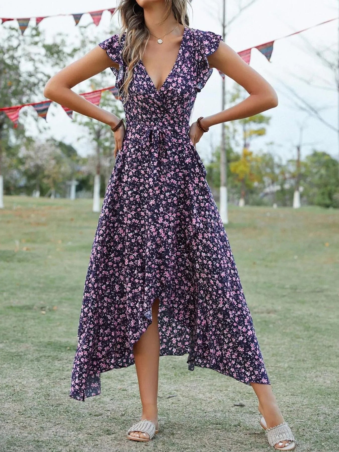 Printed Surplice Ruffle Sleeve Dress.