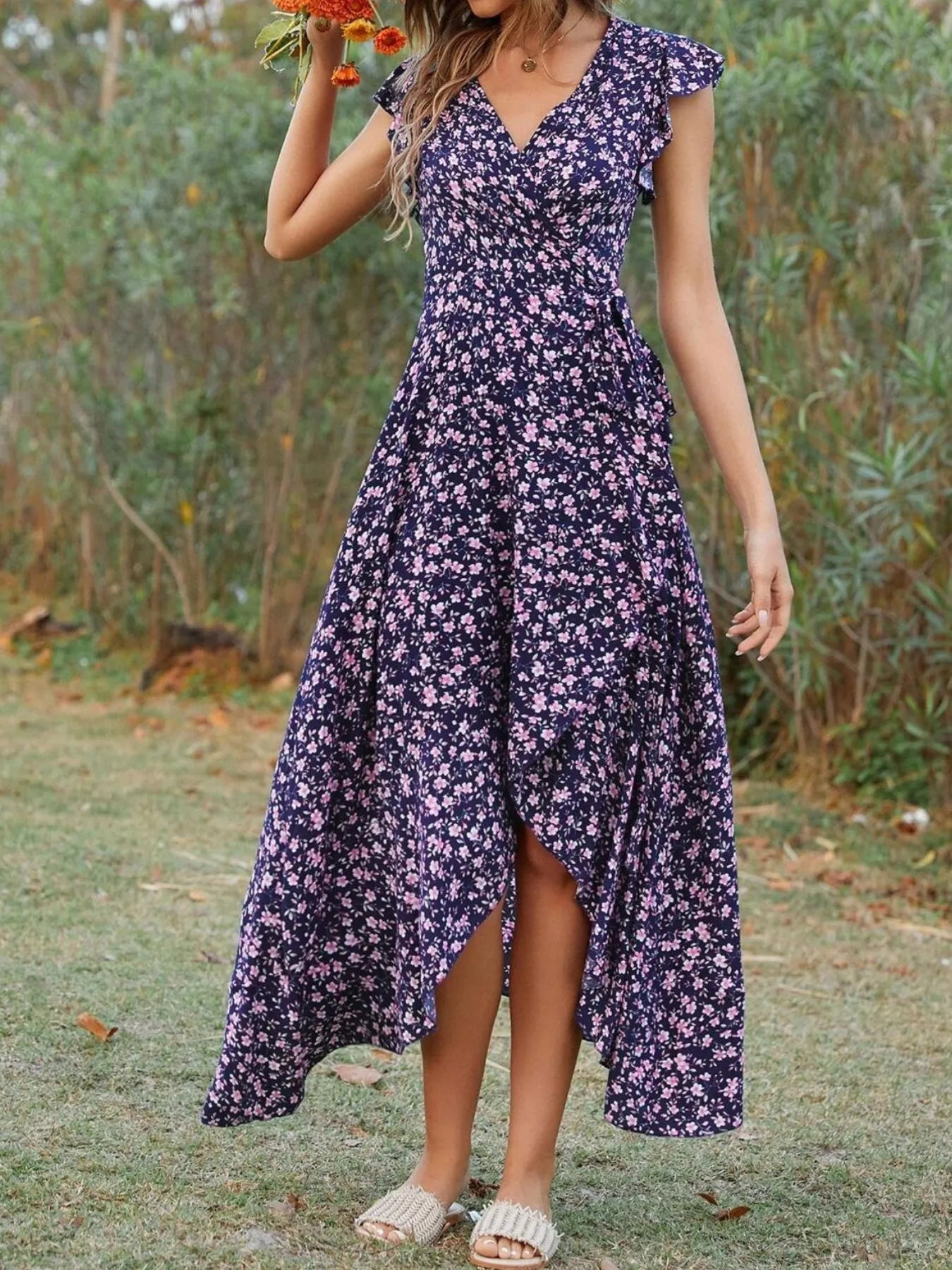 Printed Surplice Ruffle Sleeve Dress.