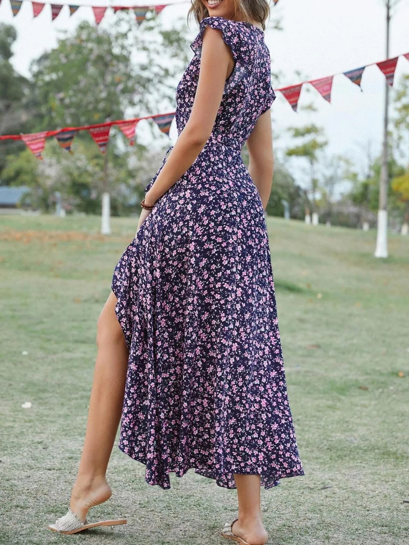 Printed Surplice Ruffle Sleeve Dress.