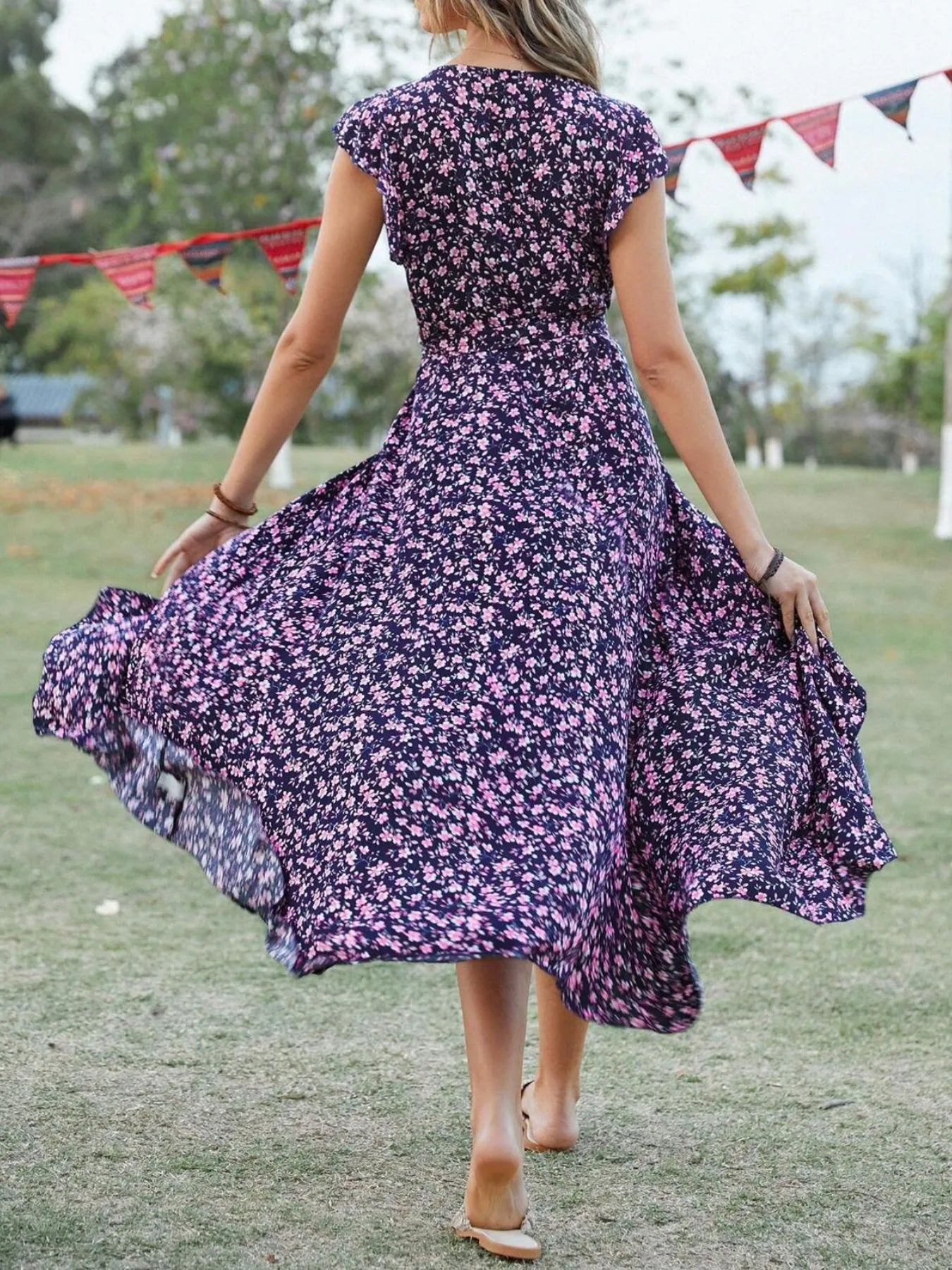 Printed Surplice Ruffle Sleeve Dress.