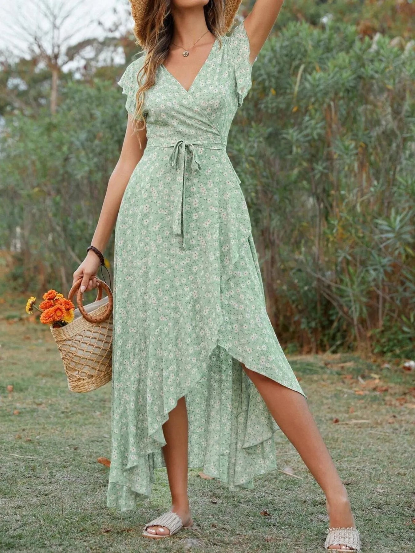 Printed Surplice Ruffle Sleeve Dress.