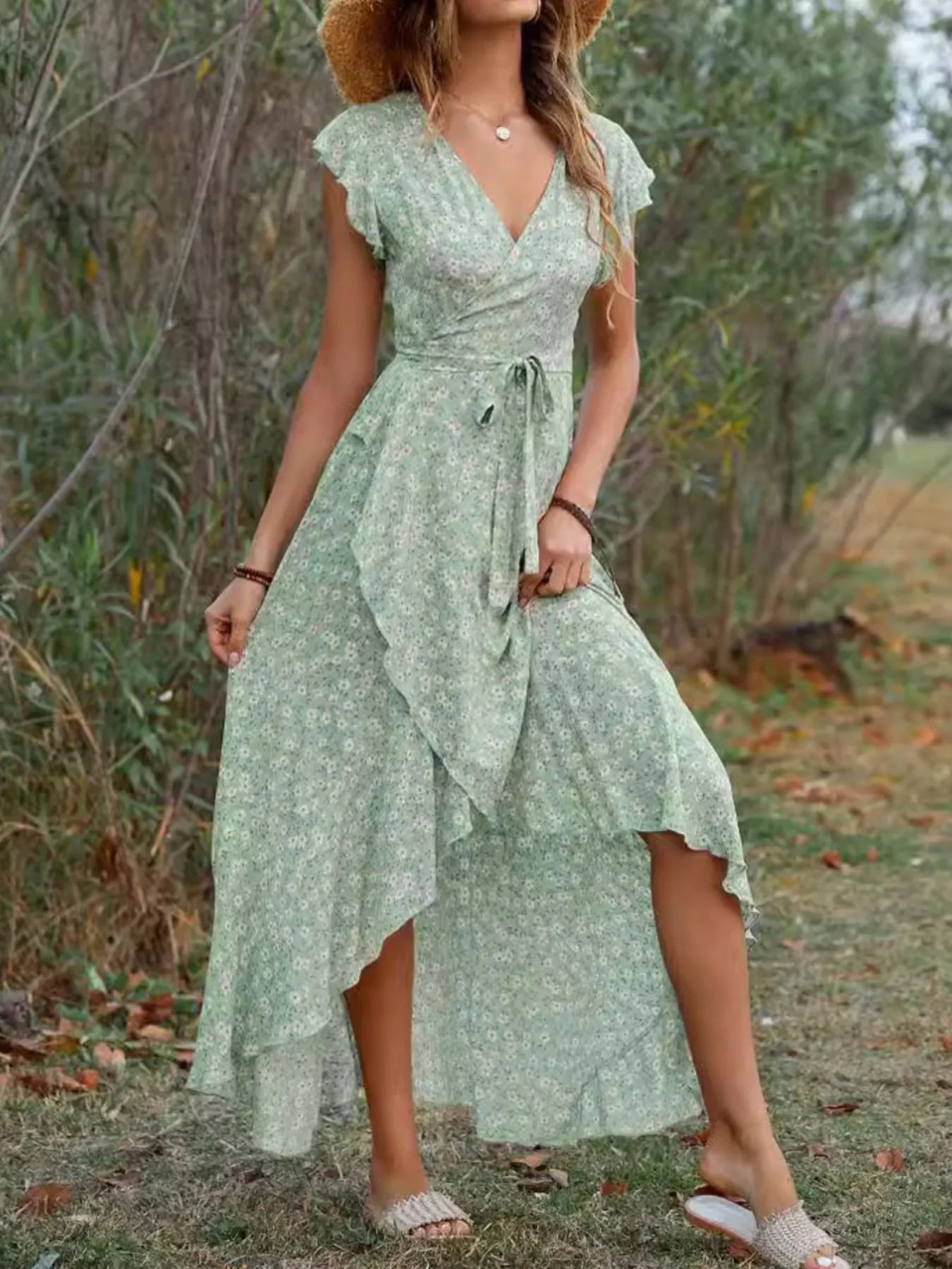 Printed Surplice Ruffle Sleeve Dress.
