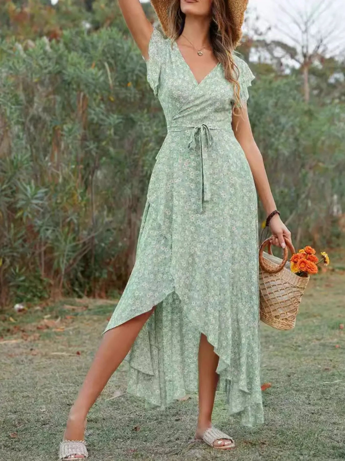 Printed Surplice Ruffle Sleeve Dress.
