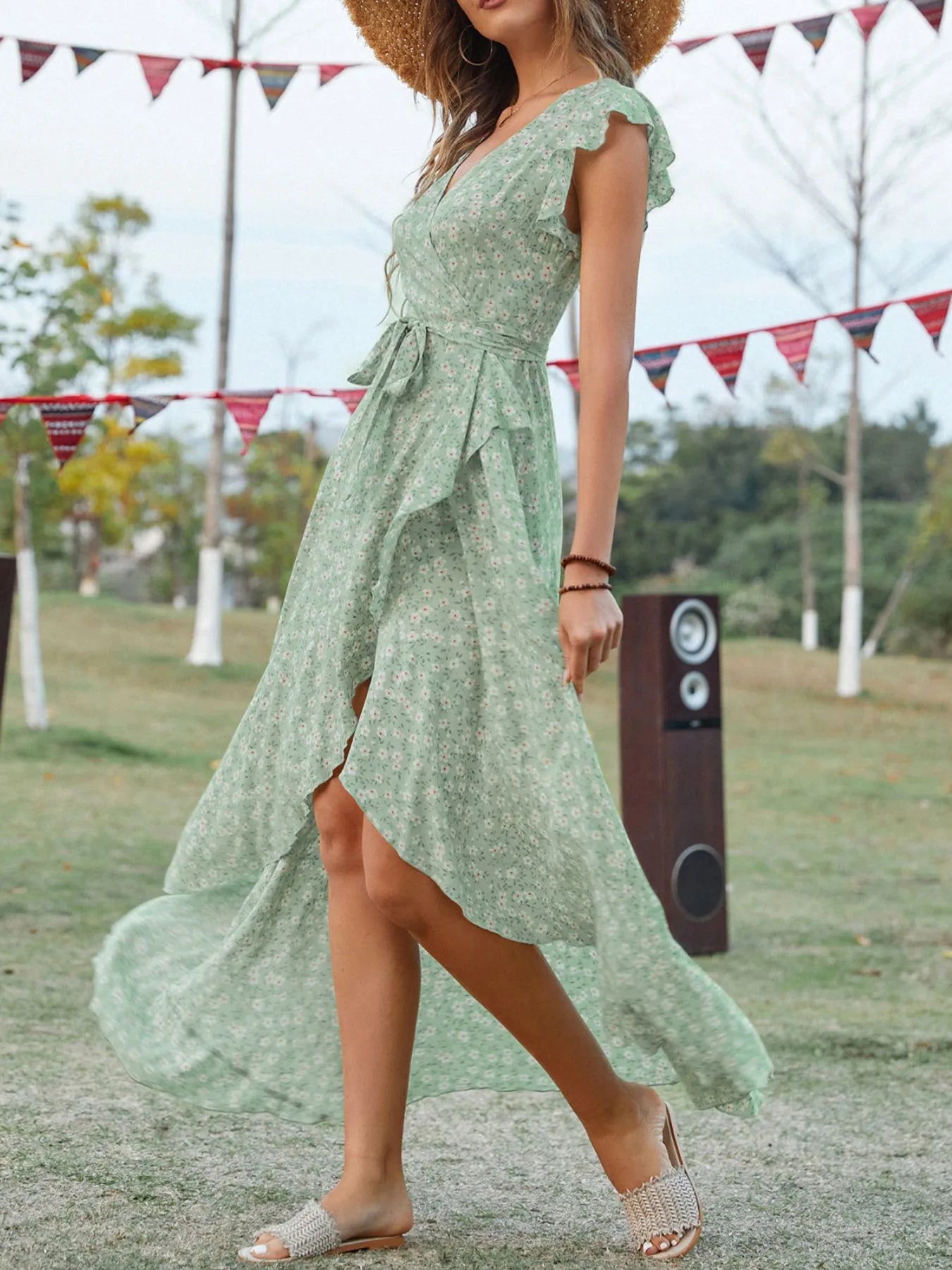 Printed Surplice Ruffle Sleeve Dress.