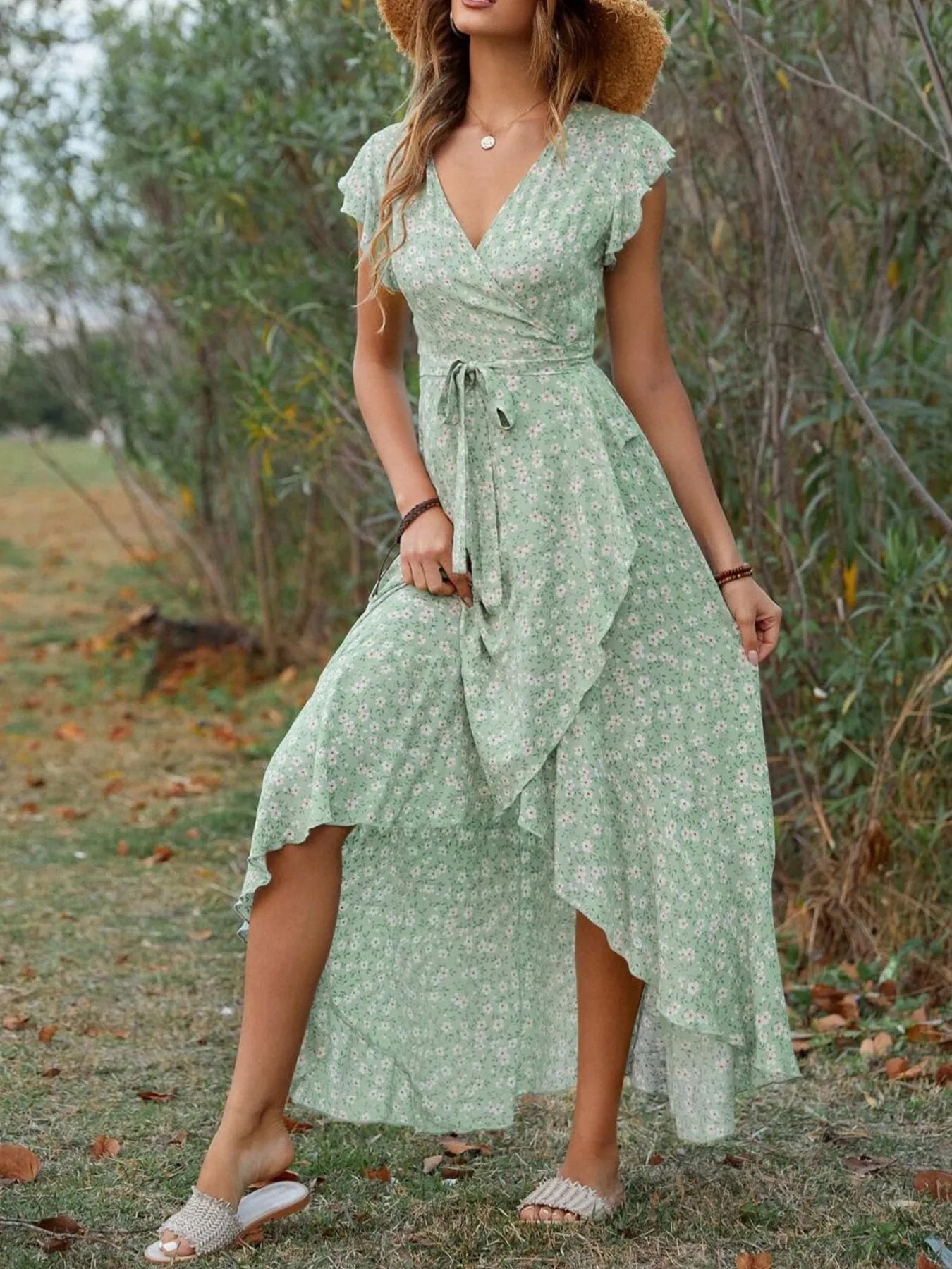 Printed Surplice Ruffle Sleeve Dress.