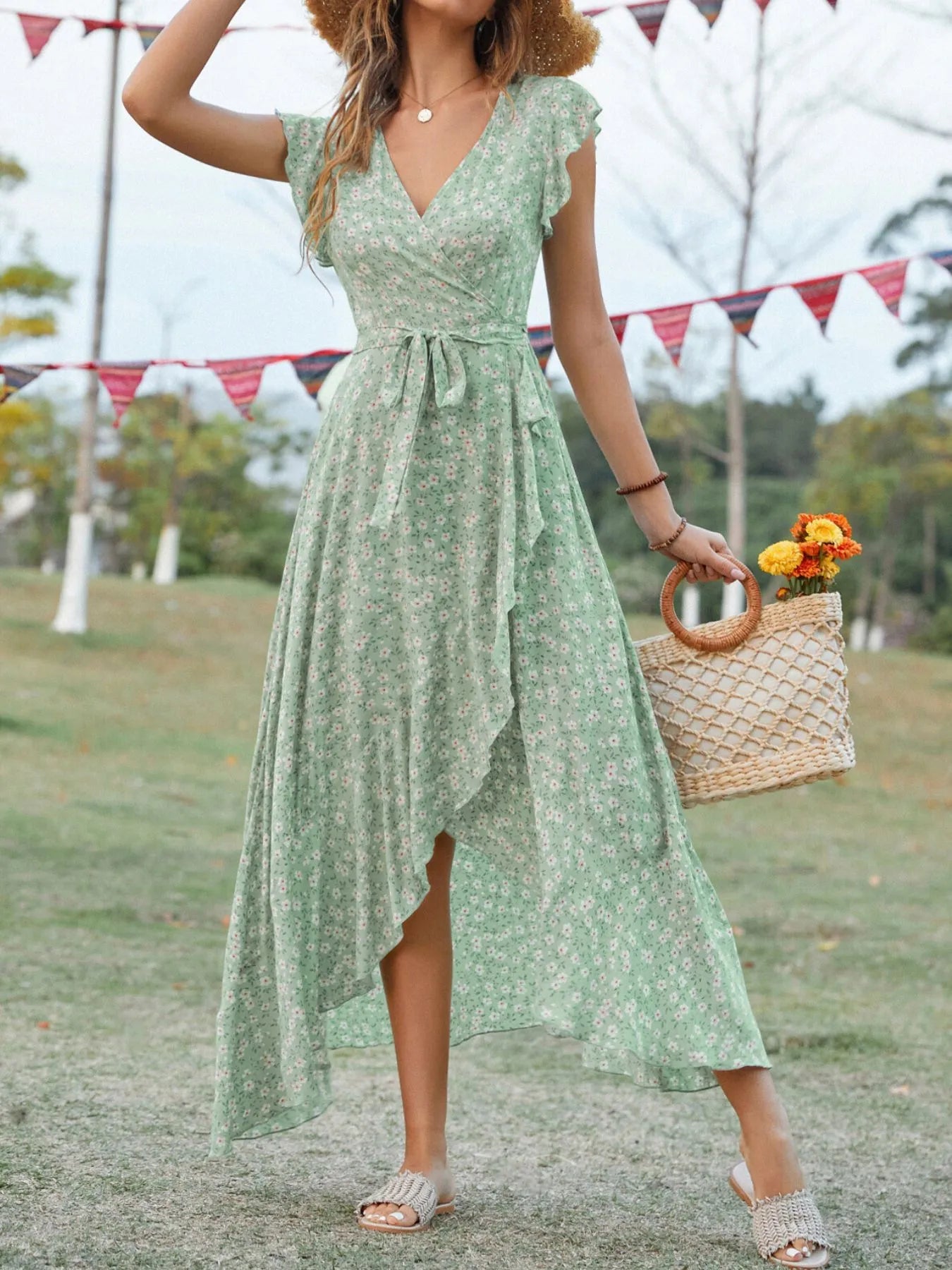 Printed Surplice Ruffle Sleeve Dress.