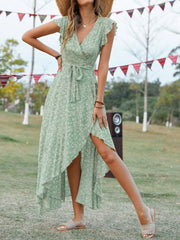 Printed Surplice Ruffle Sleeve Dress.