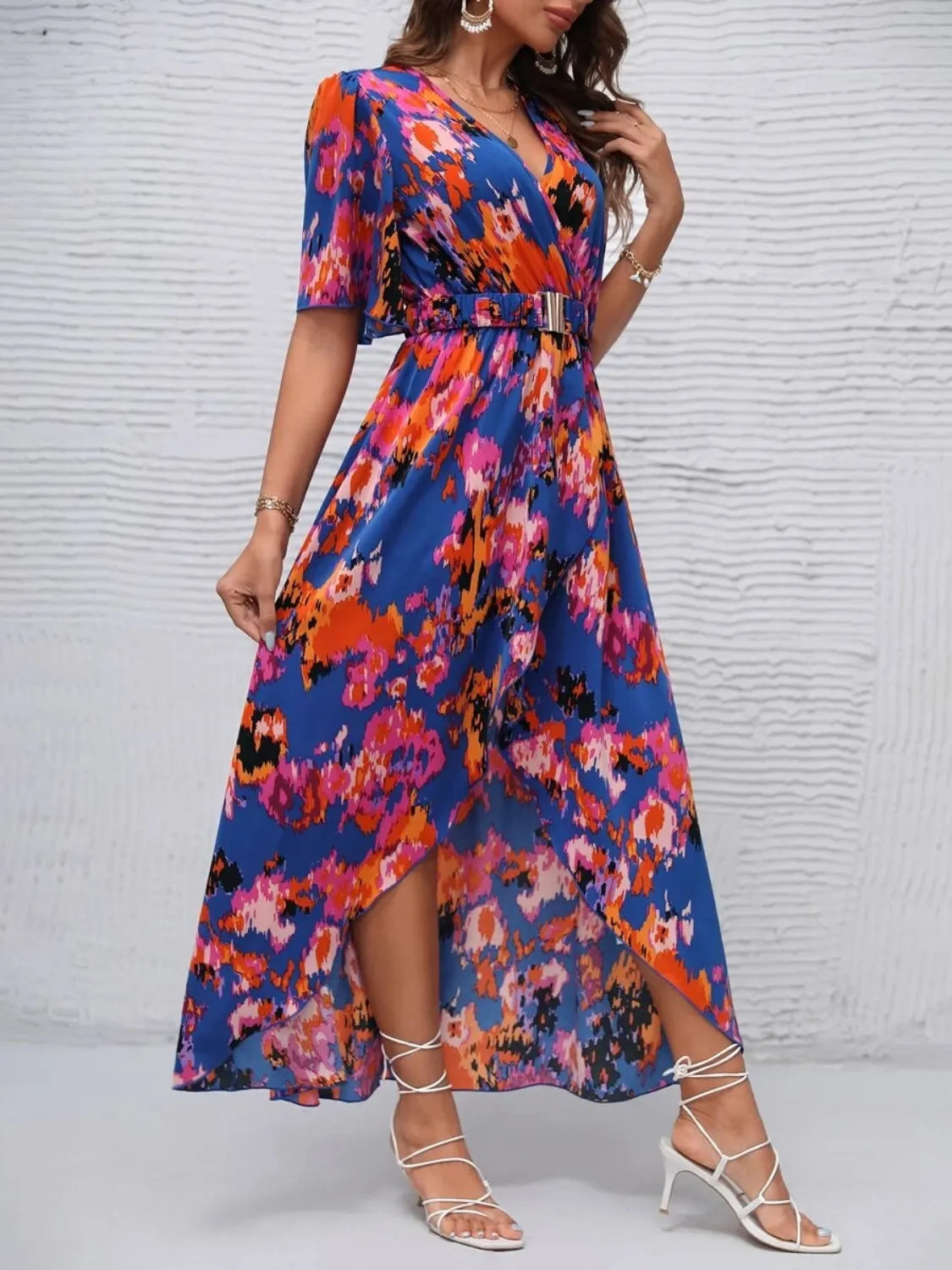 Printed Surplice Short Sleeve Maxi Dress.