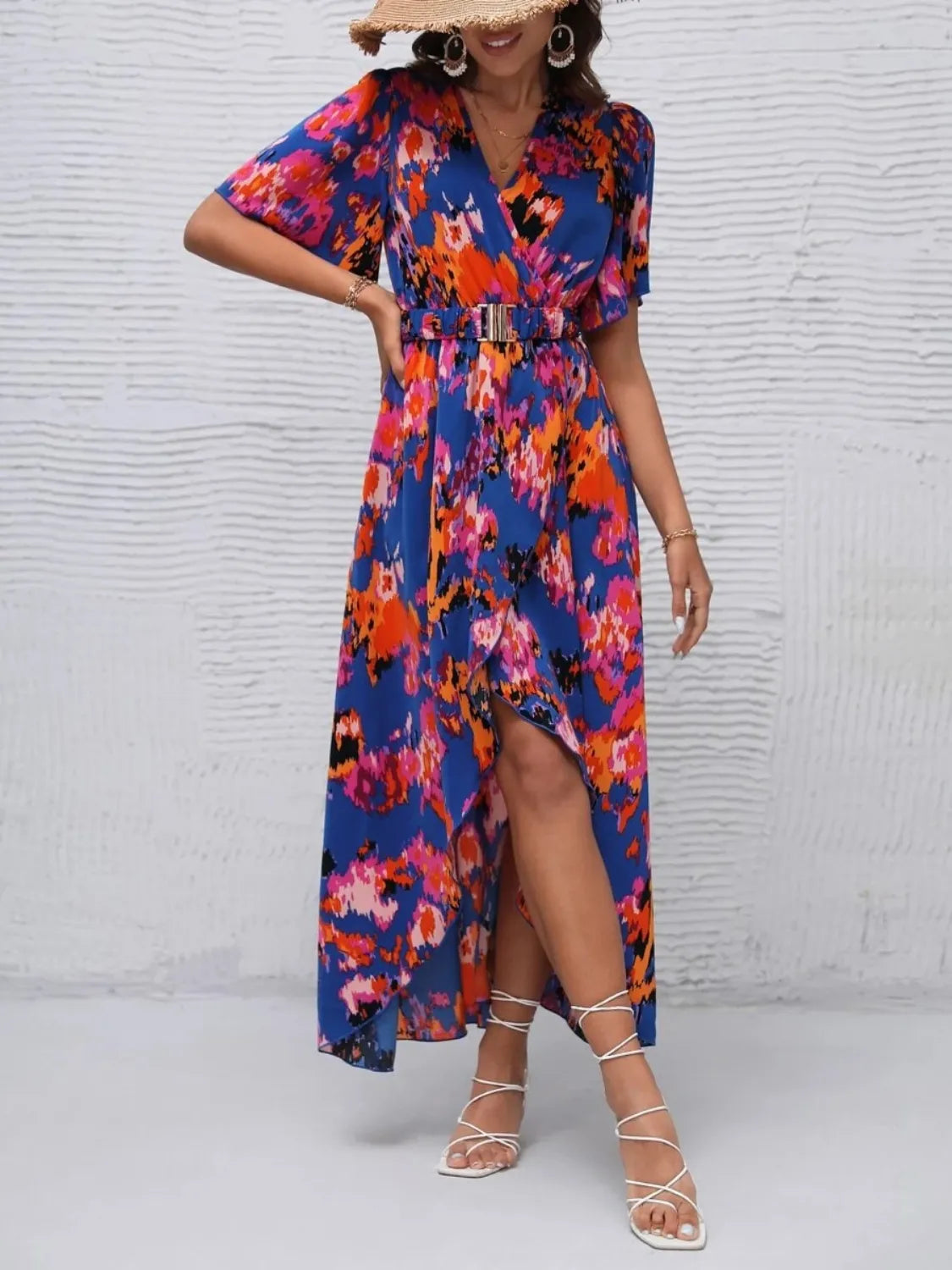 Printed Surplice Short Sleeve Maxi Dress.