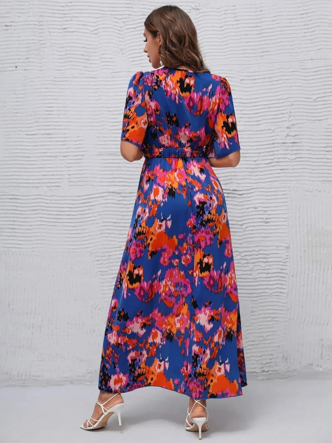 Printed Surplice Short Sleeve Maxi Dress.