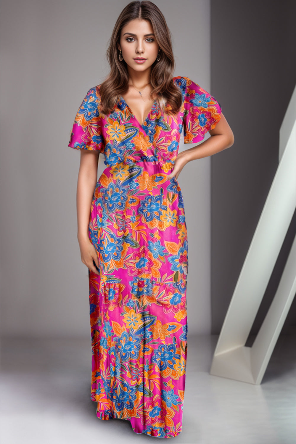 Printed Surplice Short Sleeve Maxi Dress.